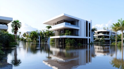 Obraz premium Modern houses surrounded by water and lush greenery.