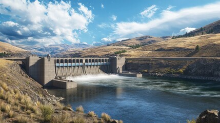 Panoramic view of hydroelectric dam generating power, with beautiful mountain surroundings