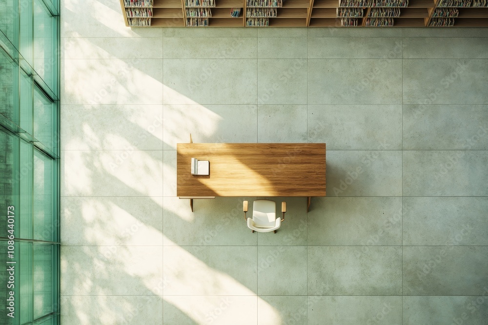 Poster overhead view of a wooden desk with a chair and book in a library.