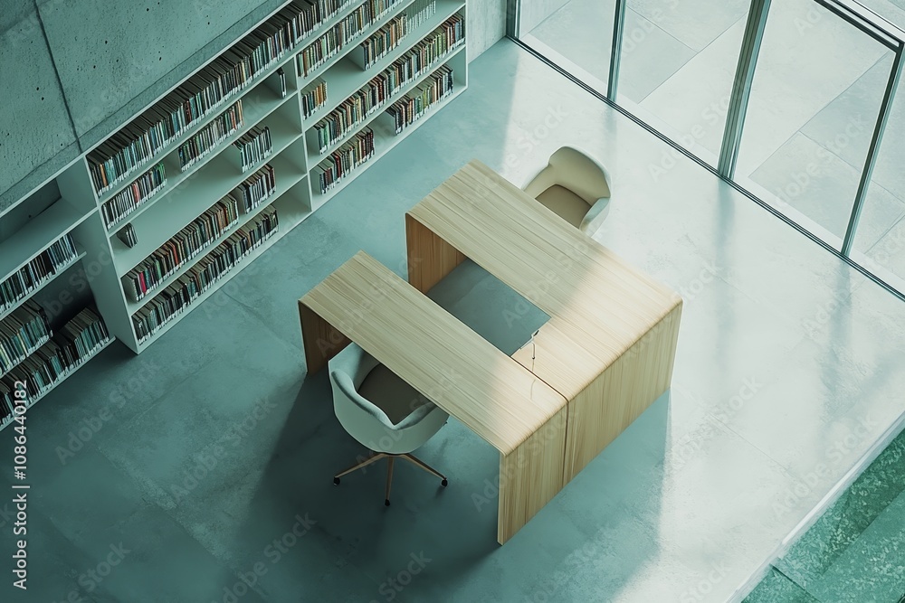 Aufkleber an aerial view of a modern library interior with two white chairs and a wooden desk in the center, s