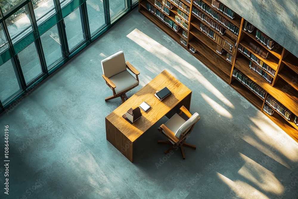 Poster an overhead view of a wooden desk and chairs in a library, with bookshelves in the background.