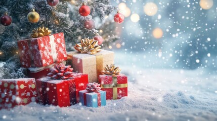 A beautifully wrapped gold gift box with a red bow, nestled among pine branches and cinnamon sticks, creating a festive holiday scene.