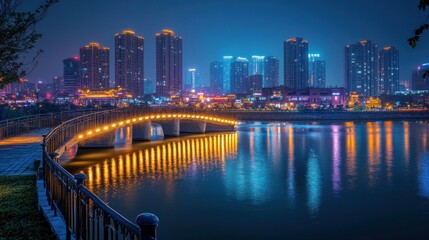 Fototapeta premium Illuminated bridge and cityscape at night.
