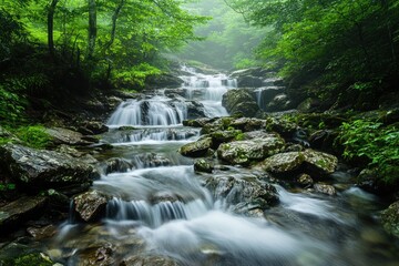 Obraz premium Cascading Waterfall Through Lush Green Forest