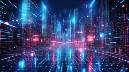 A futuristic cityscape with neon lights and holographic digital art, representing the era of new technology in urban development