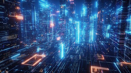 Obraz premium A futuristic cityscape with neon lights and holographic digital art, representing the era of new technology in urban development