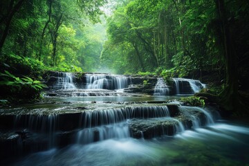 Obraz premium Cascading Waterfall in Lush Green Forest