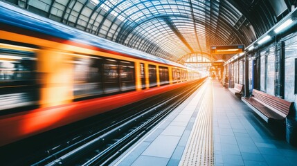 Fototapeta premium Dynamic Motion at Urban Train Station with Blurred Train and Modern Architecture Showcasing the Energy of City Life and Transit Efficiency