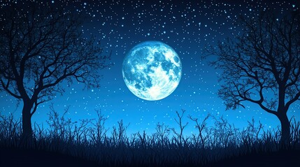 Fototapeta premium A serene night scene featuring a large moon surrounded by stars and silhouetted trees.