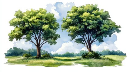 Fototapeta premium Idyllic Summer Landscape Watercolor Trees Green Meadow Blue Sky