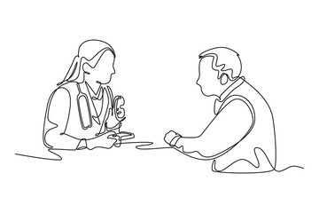 Doctor and patient. Single line draw design vector graphic illustration.