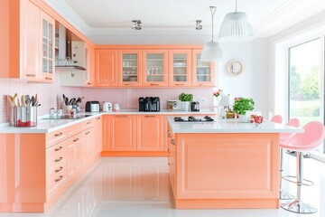 Fototapeta premium Modern kitchen with peach cabinets, white countertop, and island with bar stools.