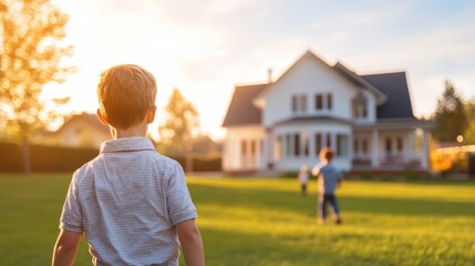 Family bonding in a new home backyard outdoor playtime family life warm sunset child's perspective joyful moments together