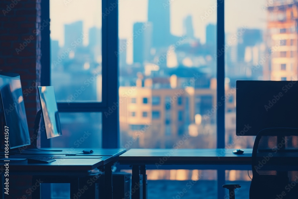 Poster Two computer monitors on a desk in an office with a city view out the window.