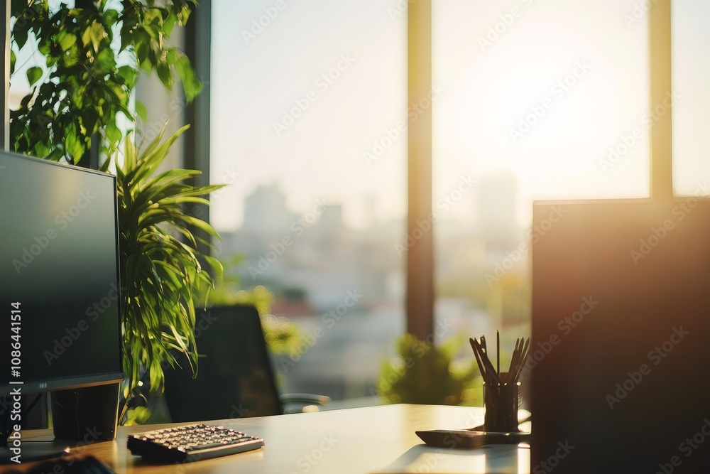 Poster empty modern office desk with a computer monitor and a plant in the foreground, overlooking a city s