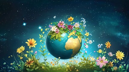Fototapeta premium cartoon illustration of globe, with flowers growing from different continents, the picture is cute cartoon.