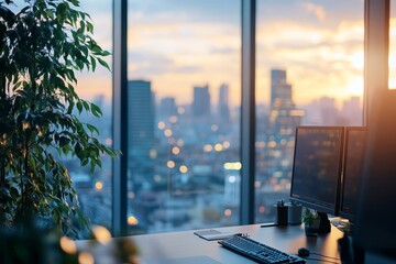 A modern office desk with two monitors, a keyboard, and a mouse, overlooking a cityscape at sunset.