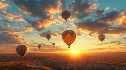 A group of colorful hot air balloons floating over the vast landscape at sunrise