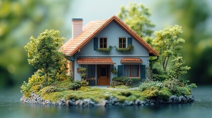 Obraz premium A charming miniature house surrounded by lush greenery and water.