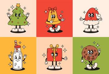 Set of groovy Christmas characters. Gift, bell, Christmas tree, cookies, milk. Flat vector illustration.