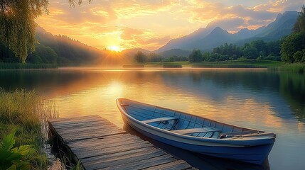 Fototapeta premium A wooden rowboat docked at the edge of an idyllic lake, surrounded by lush greenery and mountains under a golden sunset sky