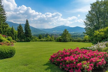 Naklejka premium A lush green lawn with vibrant pink flowers in the foreground, overlooking a picturesque mountain valley under a bright blue sky with fluffy clouds.