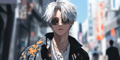 Fototapeta premium anime male. A stylish anime boy in a city setting, looking cool with sunglasses and a cool outfit.