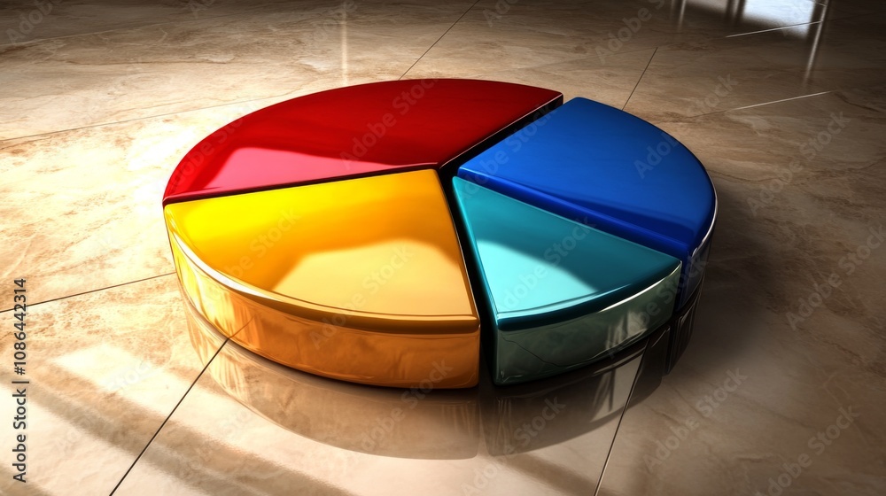 Fototapete Modern and Colorful 3D Pie Chart on a Glossy Surface, Representing Data Visualization and Business Analysis with Bright Segments