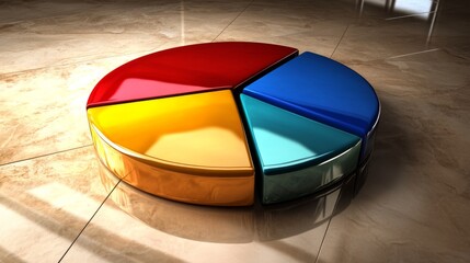 Fototapeta premium Modern and Colorful 3D Pie Chart on a Glossy Surface, Representing Data Visualization and Business Analysis with Bright Segments