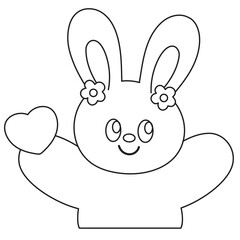Bunny and heart outline for kid colouring book, art, painting, animal print, tattoo, zoo, souvenir shop, rabbit cartoon, character, comic, mascot, standee, colouring page, amusement park, happy easter