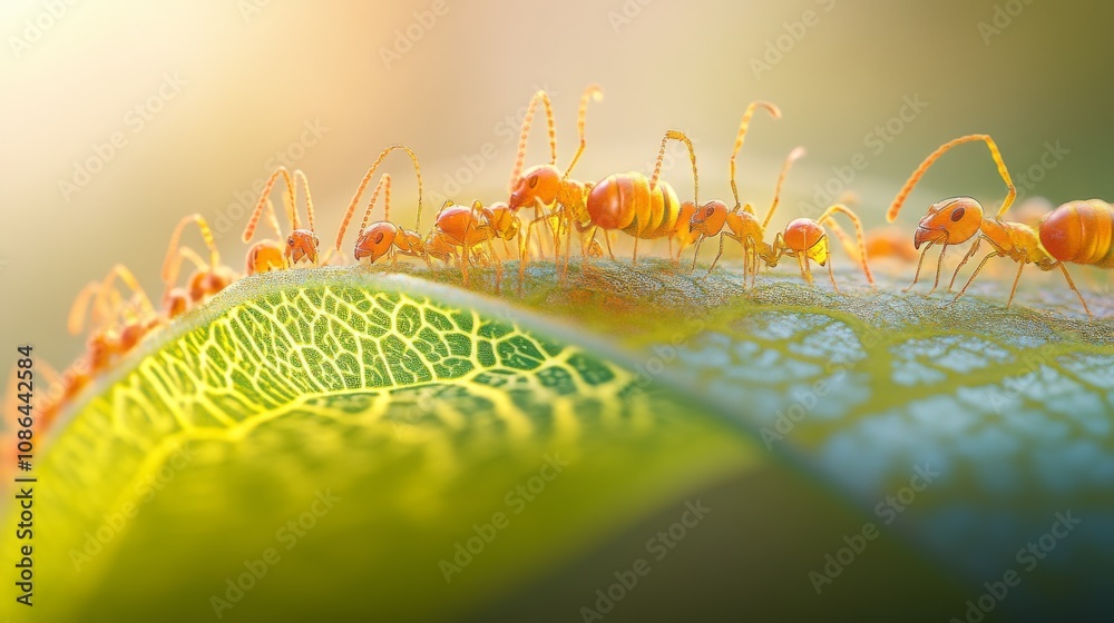 Poster close-up view of orange ants crawling on a green leaf with intricate veins highlighting nature's bea
