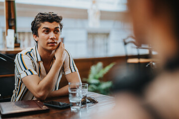 A young man in a striped casual shirt sits at a cafe table looking thoughtful. Glasses and a smart phone are placed nearby, highlighting a modern casual setting.