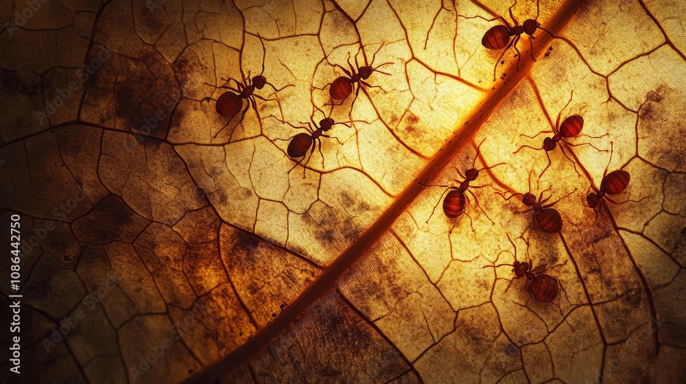 Poster close-up of ants foraging on a dried leaf, highlighting intricate textures and colors in nature's mi