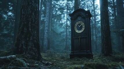 An antique grandfather clock stands alone in a misty forest, its hands frozen in time.