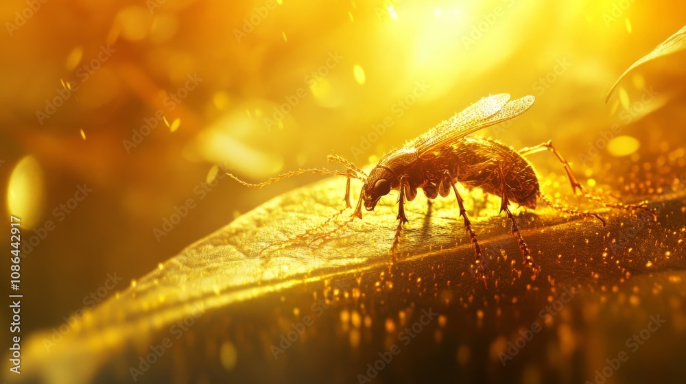 Aufkleber Close-Up of a Beautiful Insect on a Leaf under Golden Light with Sparkling Particles, Capturing the Intricacies of Nature's Tiny Creatures in a Serene Environment