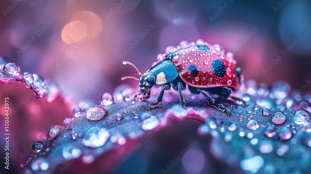 Poster close-up of a colorful beetle with dew drops on leaves in a macroscopic style, highlighting the beau