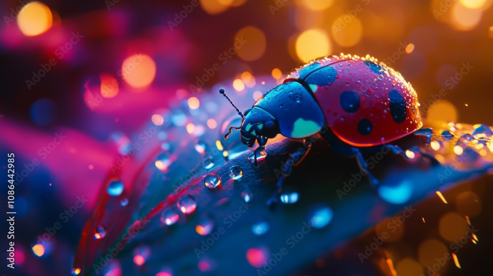 Poster Close-up of a Vibrant Ladybug on a Leaf with Rain Drops in a Colorful Bokeh Background, Capturing the Beauty of Nature's Tiny Creatures
