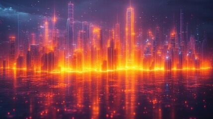 Fototapeta premium Futuristic cityscape glowing with vibrant orange and purple hues.