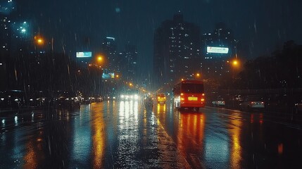 Obraz premium A rainy city street at night, illuminated by lights and reflections on wet asphalt.