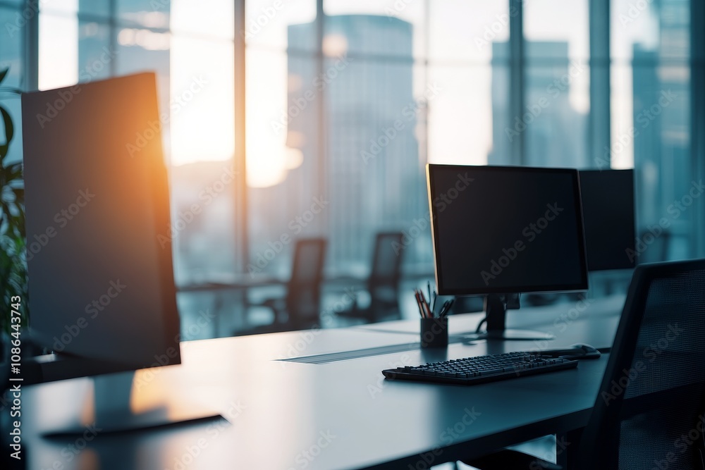 Poster empty modern office desk with computer and keyboard, overlooking city skyline at sunset.