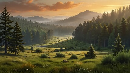 Soft fog drifting through a mountainous landscape with green forests and streams, offering an ethereal and peaceful background for design