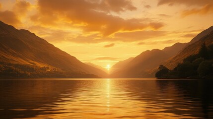 Serene Mountain Lake at Sunset with Golden Reflections and Dramatic Sky, Capturing the Tranquility and Beauty of Nature in a Scenic Landscape