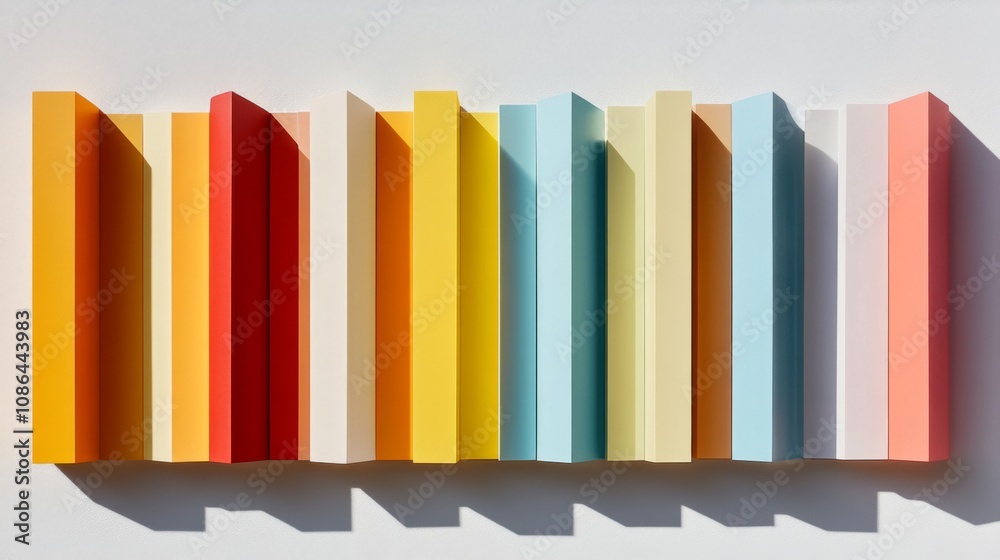 Poster vibrant arrangement of vertical color strips in bright shades casting shadows on a clean white surfa