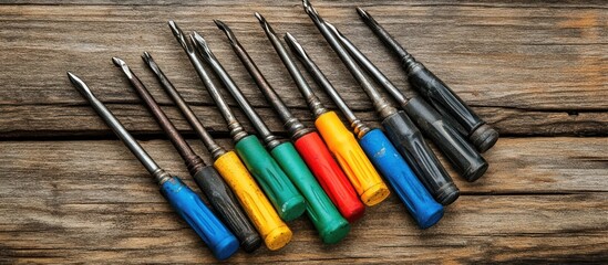 Obraz premium Variety of screwdrivers with colored handles, well-used look, scattered on a rustic wooden surface