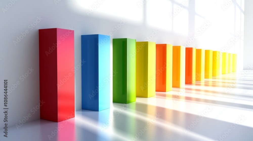 Aufkleber Colorful geometric blocks aligned in a modern interior space with soft natural light creating vibrant reflections and shadows on a smooth floor