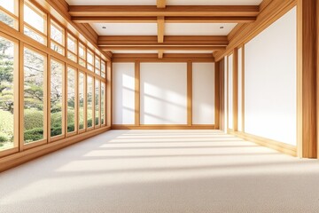 Obraz premium Empty room with wooden floors, walls and ceiling, large windows with garden view.