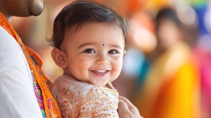 baby being held by parents from different cultural backgrounds, with the family celebrating both