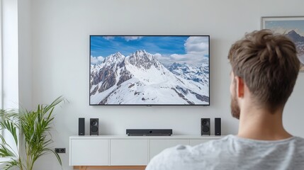 A man installing a large flat-screen TV on the wall in his living room, with home entertainment technology like speakers and consoles visible