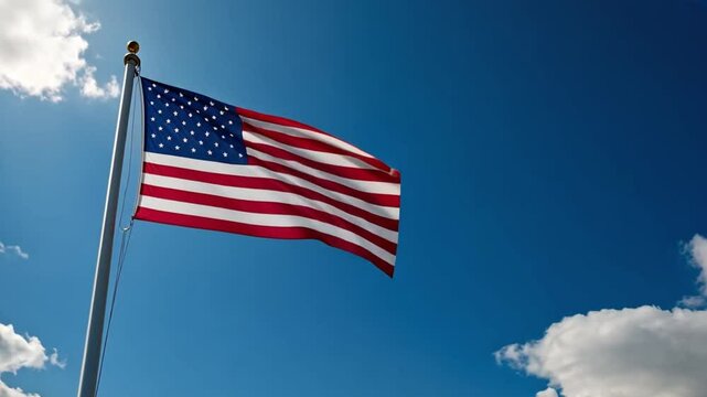 The flag is against a blue sky with white clouds. It is shown in full view, with its stripes and stars blowing in the wind. The flagpole is vertical on the left. The flag is red against blue.