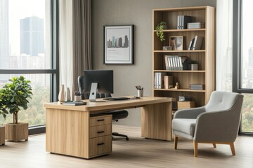 Fototapeta premium Modern home office with a large desk, comfortable chair, and a bookshelf. The office has a large window overlooking a city skyline.